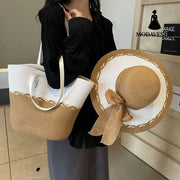 Straw Bag and Hat Set for Women, Beach Vacation, Versatile Sun Protection Wide Brim Hat, Commute Travel Large Capacity Tote Bag - MODAVESTRE