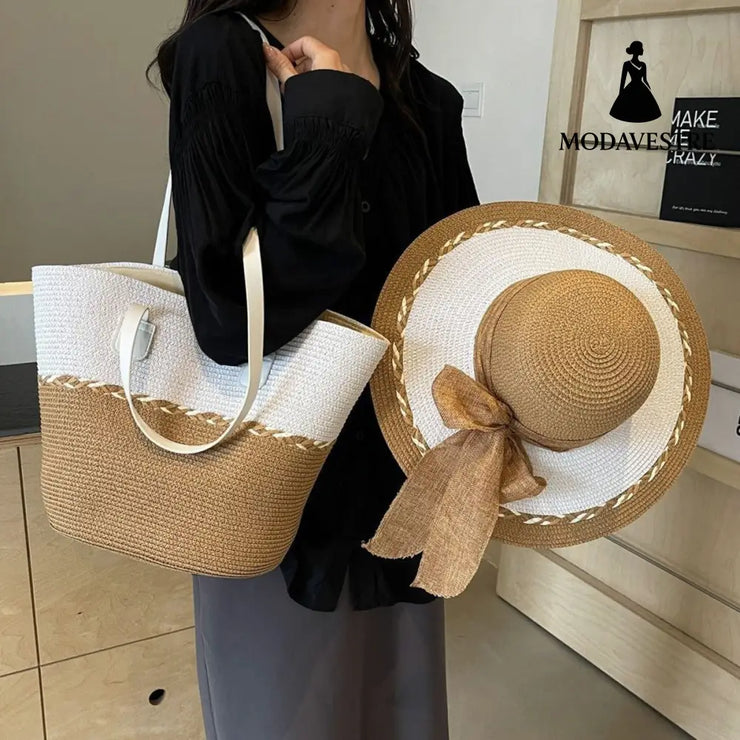 Straw Bag and Hat Set for Women, Beach Vacation, Versatile Sun Protection Wide Brim Hat, Commute Travel Large Capacity Tote Bag - MODAVESTRE