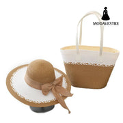 Straw Bag and Hat Set for Women, Beach Vacation, Versatile Sun Protection Wide Brim Hat, Commute Travel Large Capacity Tote Bag - MODAVESTRE