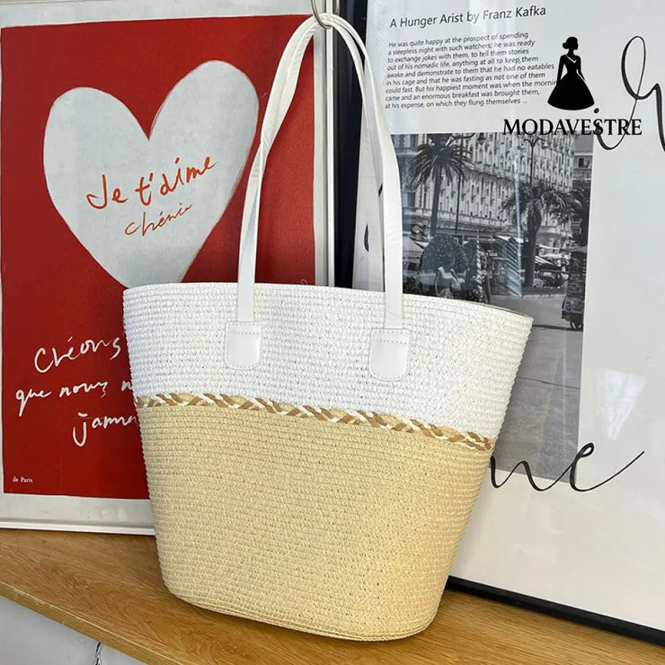Straw Bag and Hat Set for Women, Beach Vacation, Versatile Sun Protection Wide Brim Hat, Commute Travel Large Capacity Tote Bag - MODAVESTRE
