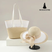 Straw Bag and Hat Set for Women, Beach Vacation, Versatile Sun Protection Wide Brim Hat, Commute Travel Large Capacity Tote Bag - MODAVESTRE