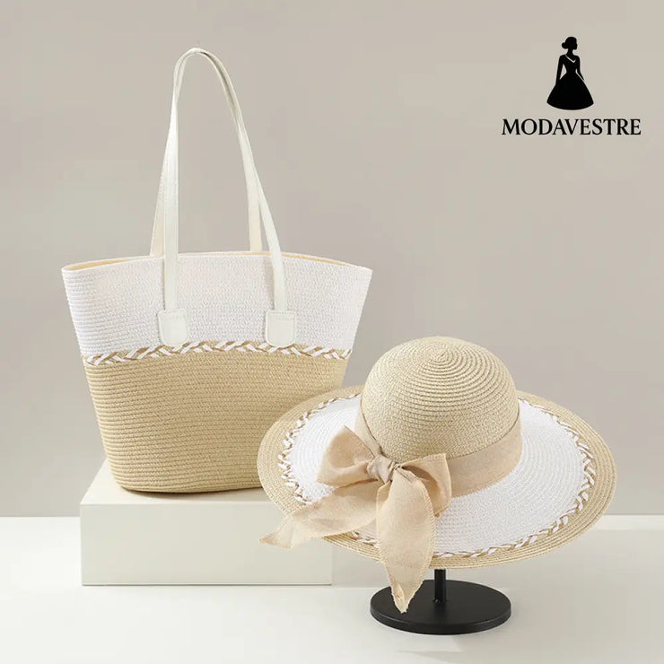 Straw Bag and Hat Set for Women, Beach Vacation, Versatile Sun Protection Wide Brim Hat, Commute Travel Large Capacity Tote Bag - MODAVESTRE