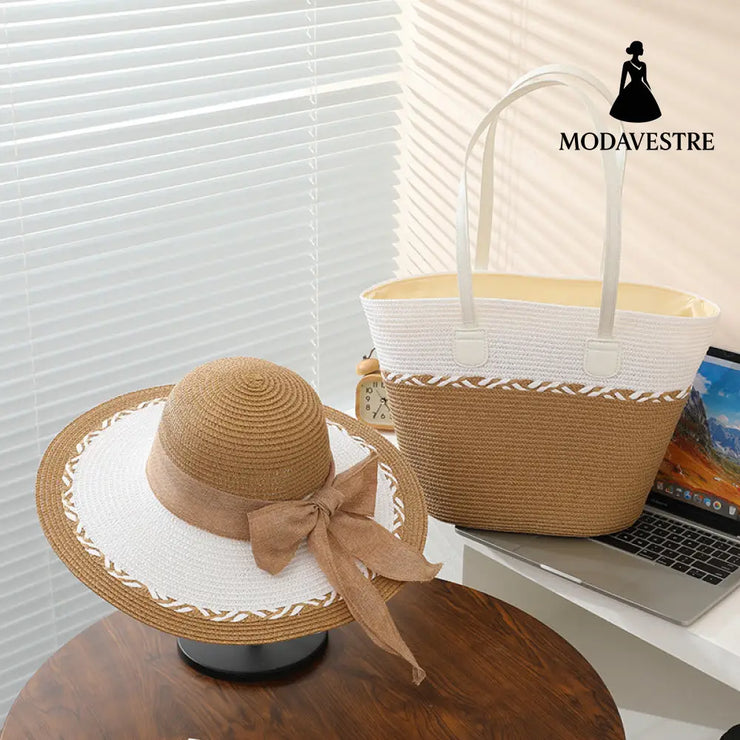 Straw Bag and Hat Set for Women, Beach Vacation, Versatile Sun Protection Wide Brim Hat, Commute Travel Large Capacity Tote Bag - MODAVESTRE