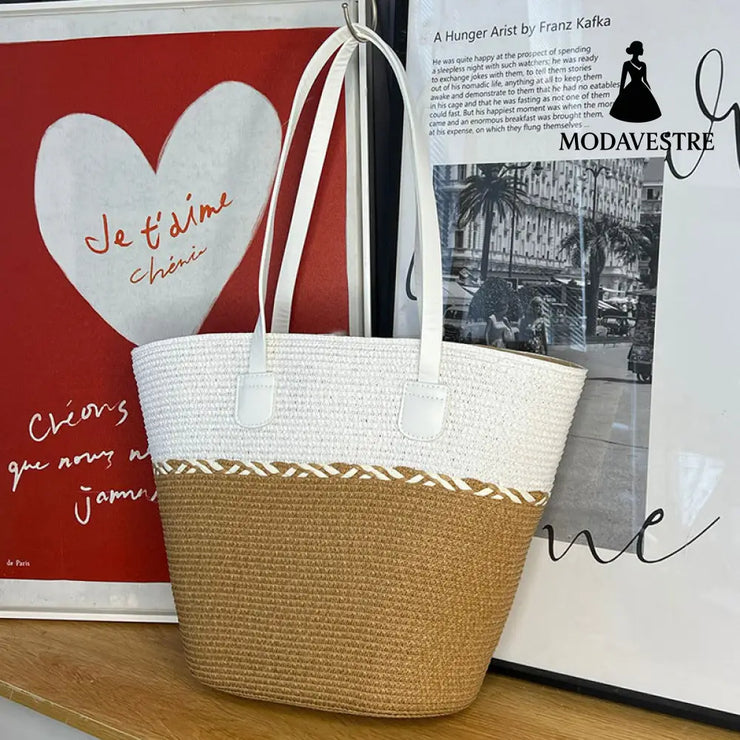Straw Bag and Hat Set for Women, Beach Vacation, Versatile Sun Protection Wide Brim Hat, Commute Travel Large Capacity Tote Bag - MODAVESTRE