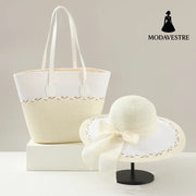Straw Bag and Hat Set for Women, Beach Vacation, Versatile Sun Protection Wide Brim Hat, Commute Travel Large Capacity Tote Bag - MODAVESTRE