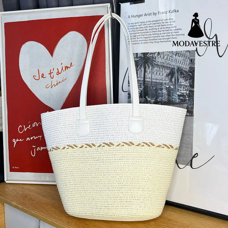 Straw Bag and Hat Set for Women, Beach Vacation, Versatile Sun Protection Wide Brim Hat, Commute Travel Large Capacity Tote Bag - MODAVESTRE