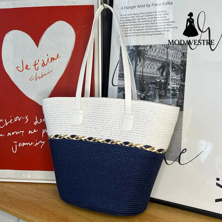 Straw Bag and Hat Set for Women, Beach Vacation, Versatile Sun Protection Wide Brim Hat, Commute Travel Large Capacity Tote Bag - MODAVESTRE