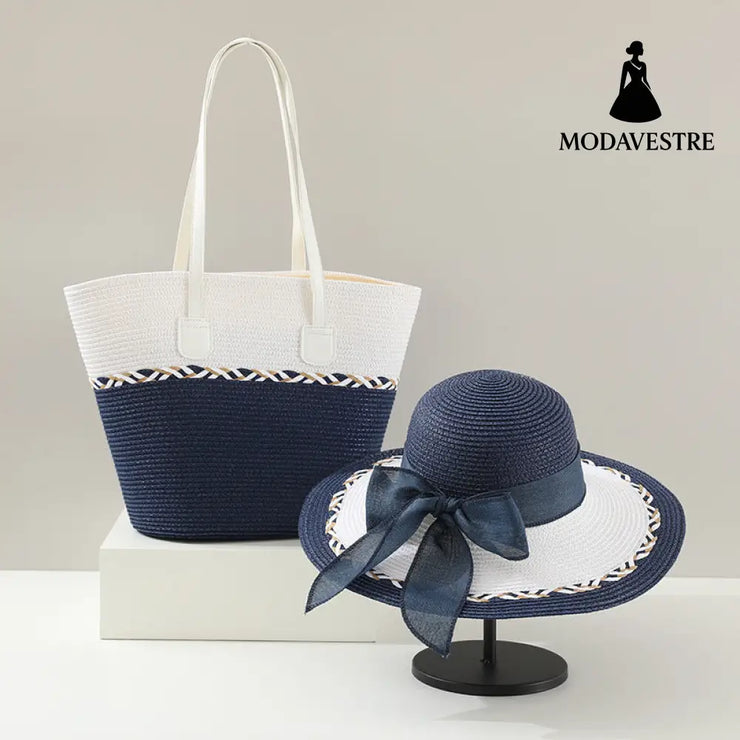 Straw Bag and Hat Set for Women, Beach Vacation, Versatile Sun Protection Wide Brim Hat, Commute Travel Large Capacity Tote Bag - MODAVESTRE