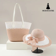 Straw Bag and Hat Set for Women, Beach Vacation, Versatile Sun Protection Wide Brim Hat, Commute Travel Large Capacity Tote Bag - MODAVESTRE