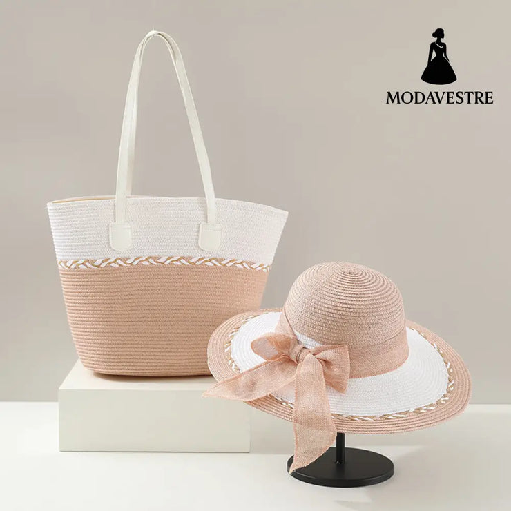 Straw Bag and Hat Set for Women, Beach Vacation, Versatile Sun Protection Wide Brim Hat, Commute Travel Large Capacity Tote Bag - MODAVESTRE