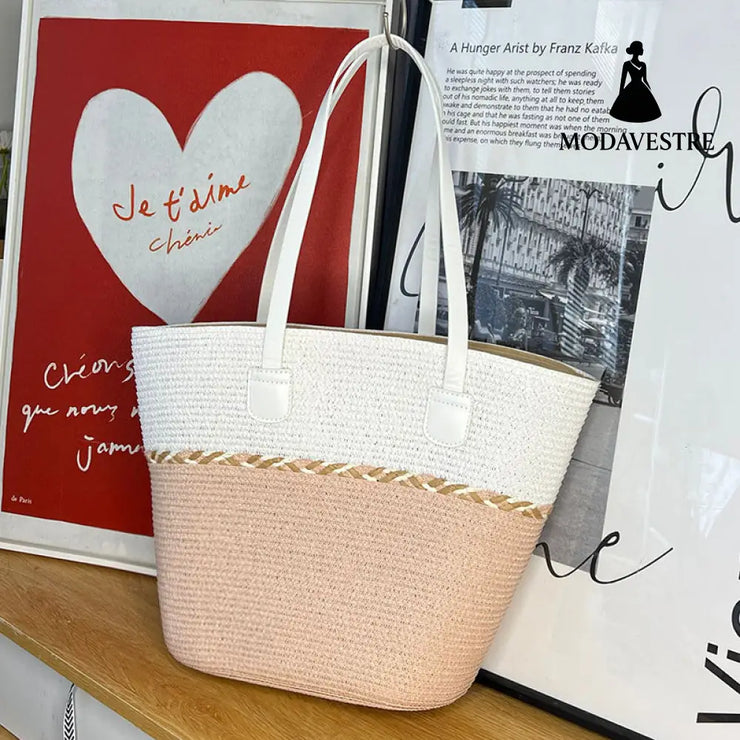 Straw Bag and Hat Set for Women, Beach Vacation, Versatile Sun Protection Wide Brim Hat, Commute Travel Large Capacity Tote Bag - MODAVESTRE