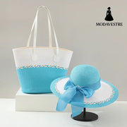Straw Bag and Hat Set for Women, Beach Vacation, Versatile Sun Protection Wide Brim Hat, Commute Travel Large Capacity Tote Bag - MODAVESTRE