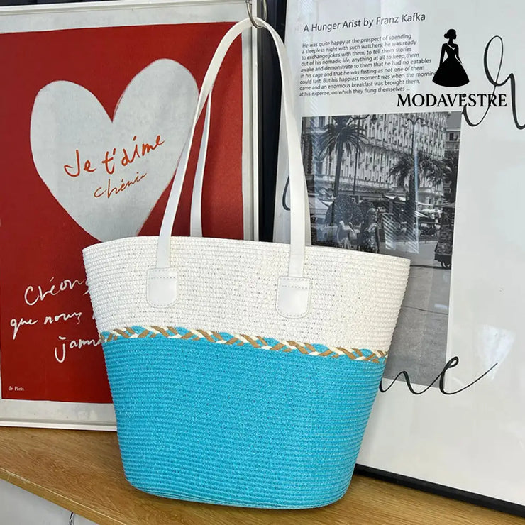 Straw Bag and Hat Set for Women, Beach Vacation, Versatile Sun Protection Wide Brim Hat, Commute Travel Large Capacity Tote Bag - MODAVESTRE