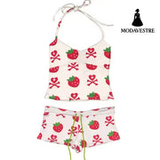 Strawberry Print Halter Crop Top & Shorts Set – Summer Casual Outfit Suit Set / S