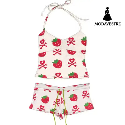 Strawberry Print Halter Crop Top & Shorts Set – Summer Casual Outfit Suit Set / S
