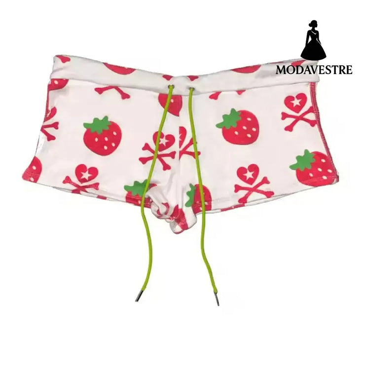 Strawberry Print Halter Crop Top & Shorts Set – Summer Casual Outfit White Shorts / S