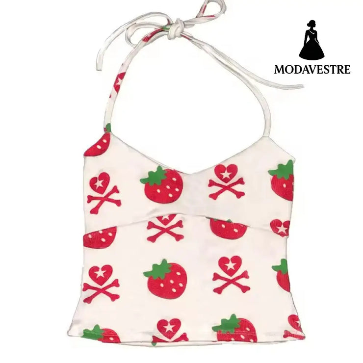 Strawberry Print Halter Crop Top & Shorts Set – Summer Casual Outfit White Strapless Camisole Top / S