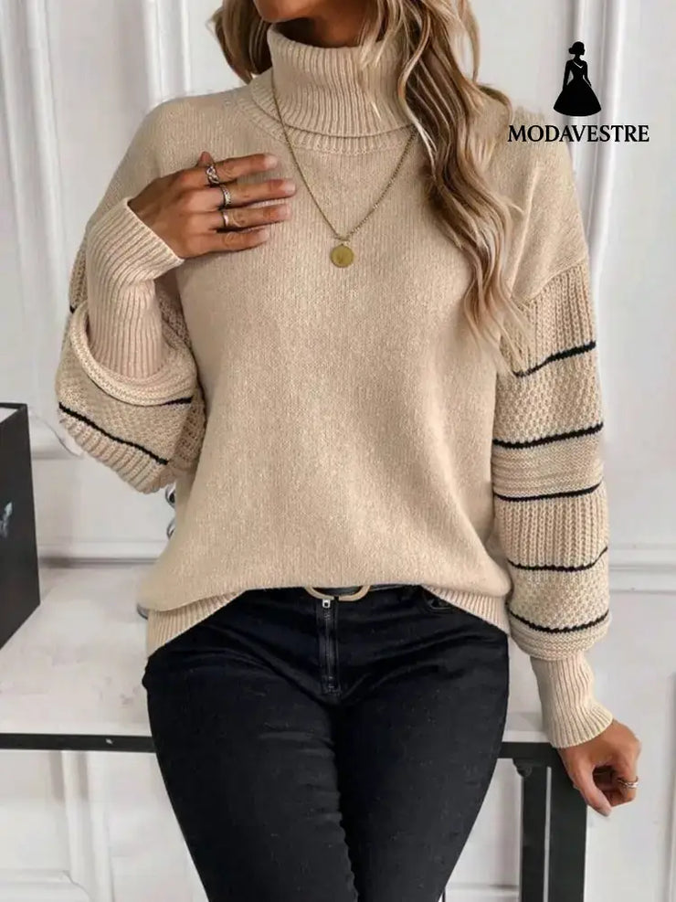 Striped Turtleneck Drop-shoulder Pullover Long Sleeve 0540 Style / L Jumper