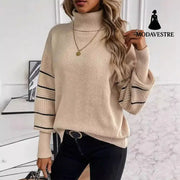 Striped Turtleneck Drop-shoulder Pullover Long Sleeve Jumper