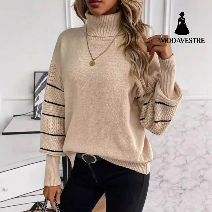 Striped Turtleneck Drop-shoulder Pullover Long Sleeve Jumper