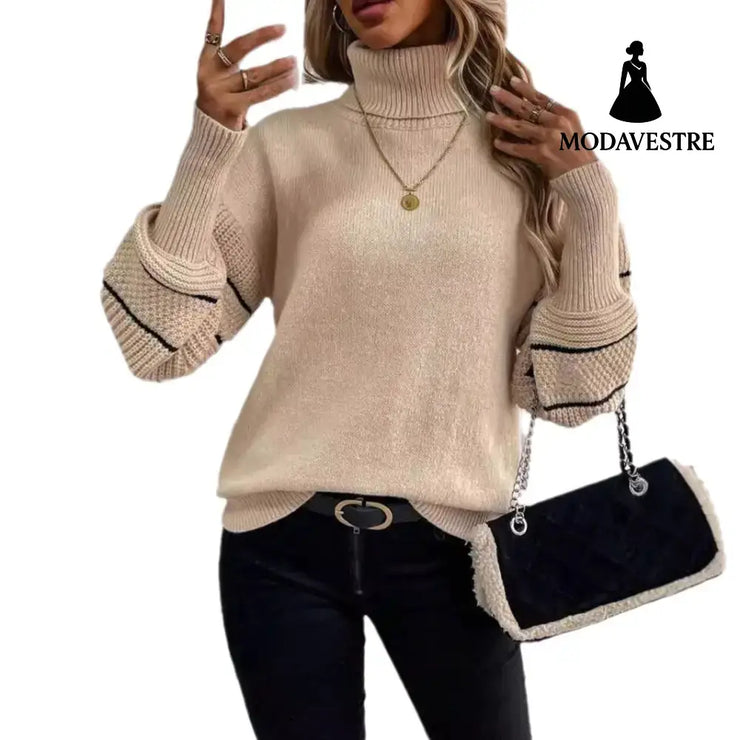 Striped Turtleneck Drop-shoulder Pullover Long Sleeve Jumper