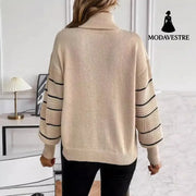Striped Turtleneck Drop-shoulder Pullover Long Sleeve Jumper