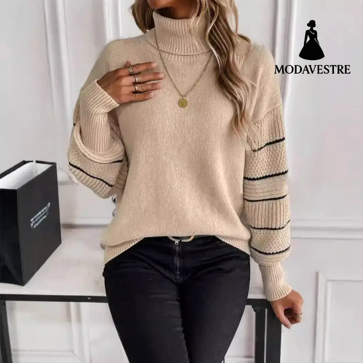 Striped Turtleneck Drop-shoulder Pullover Long Sleeve Jumper