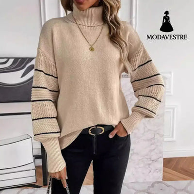 Striped Turtleneck Drop-shoulder Pullover Long Sleeve Jumper