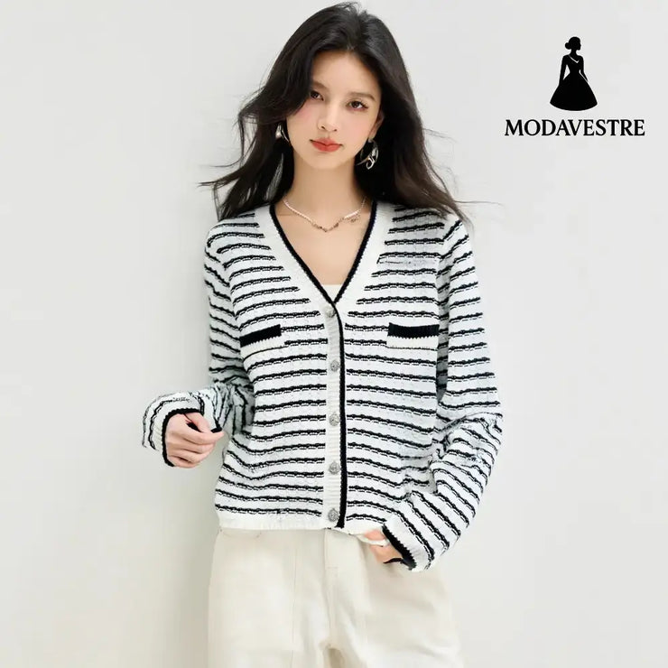 Style Minimalist Design Knit Top for Women Stripe Cardigan Charming V-Neck Sweater Jacket
