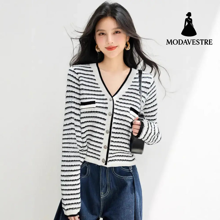 Style Minimalist Design Knit Top for Women Stripe Cardigan Charming V-Neck Sweater Jacket