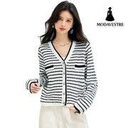 Style Minimalist Design Knit Top for Women Stripe Cardigan Charming V-Neck Sweater Jacket