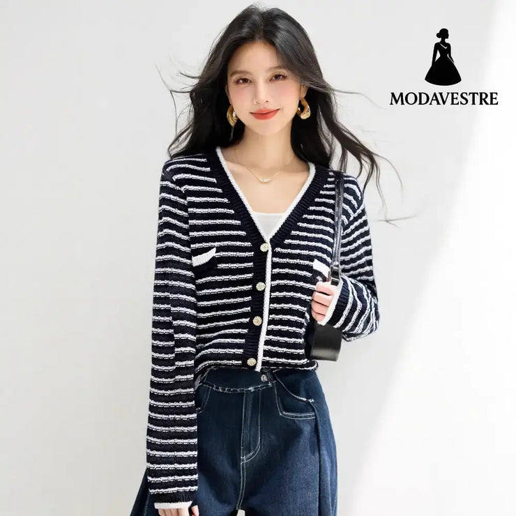 Style Minimalist Design Knit Top for Women Stripe Cardigan Charming V-Neck Sweater Jacket Black Stripe / S