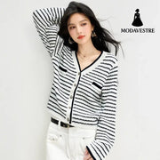 Style Minimalist Design Knit Top for Women Stripe Cardigan Charming V-Neck Sweater Jacket White Stripe / S