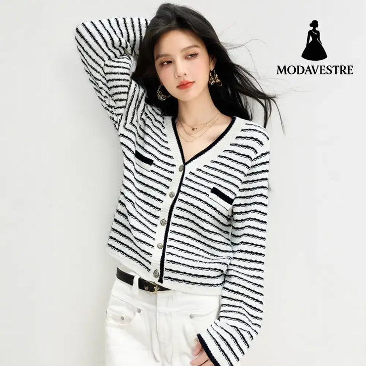 Style Minimalist Design Knit Top for Women Stripe Cardigan Charming V-Neck Sweater Jacket White Stripe / S