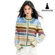 style Retro Jacquard Crewneck Knit Cardigan for Women Loose Lazy Style Soft Sweater Coat Top