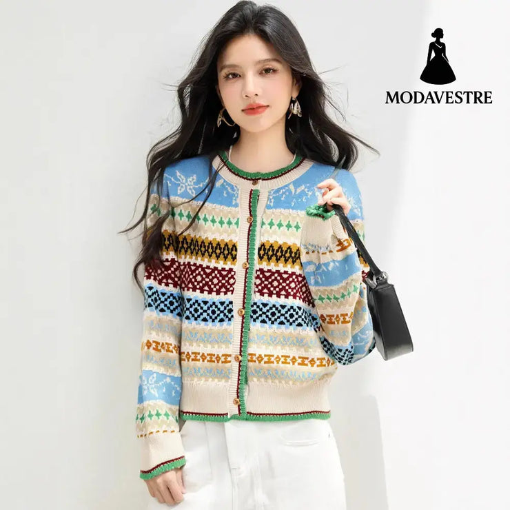 style Retro Jacquard Crewneck Knit Cardigan for Women Loose Lazy Style Soft Sweater Coat Top