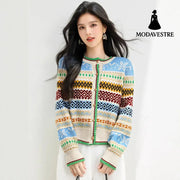 style Retro Jacquard Crewneck Knit Cardigan for Women Loose Lazy Style Soft Sweater Coat Top