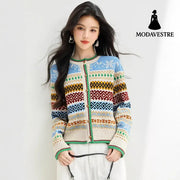 style Retro Jacquard Crewneck Knit Cardigan for Women Loose Lazy Style Soft Sweater Coat Top