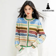 style Retro Jacquard Crewneck Knit Cardigan for Women Loose Lazy Style Soft Sweater Coat Top Icelandic Flower / S