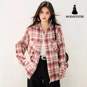style Retro Turn-down Collar Plaid Shirt Women’s Spring and Autumn Fashion Casual Versatile Long Sleeve Blouse