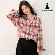 style Retro Turn-down Collar Plaid Shirt Women’s Spring and Autumn Fashion Casual Versatile Long Sleeve Blouse