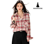 style Retro Turn-down Collar Plaid Shirt Women’s Spring and Autumn Fashion Casual Versatile Long Sleeve Blouse