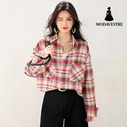 style Retro Turn-down Collar Plaid Shirt Women’s Spring and Autumn Fashion Casual Versatile Long Sleeve Blouse