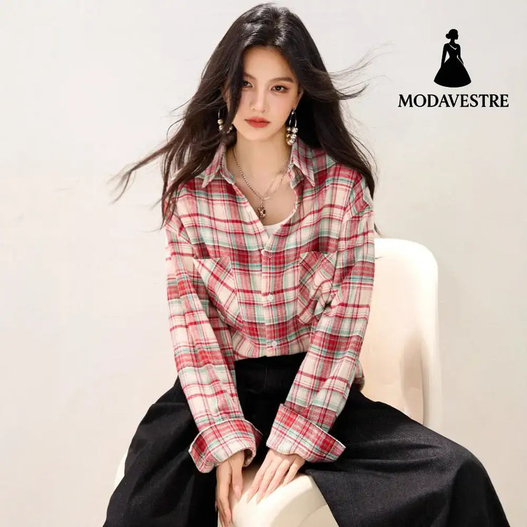 style Retro Turn-down Collar Plaid Shirt Women’s Spring and Autumn Fashion Casual Versatile Long Sleeve Blouse Red