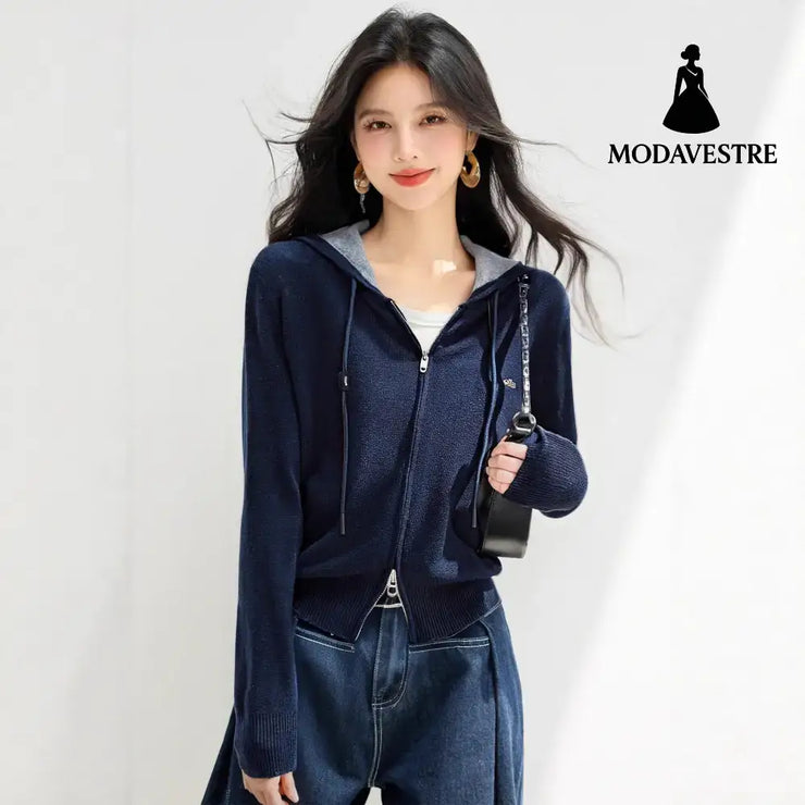 style soft knit cardigan for women casual versatile long sleeve sweater top Navy Blue / S