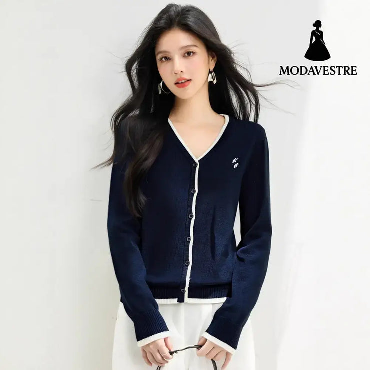 style V-neck gray knit cardigan sweater for women early autumn cozy look lazy style color-blocked knit top