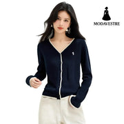 style V-neck gray knit cardigan sweater for women early autumn cozy look lazy style color-blocked knit top