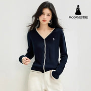 style V-neck gray knit cardigan sweater for women early autumn cozy look lazy style color-blocked knit top Navy Blue / S