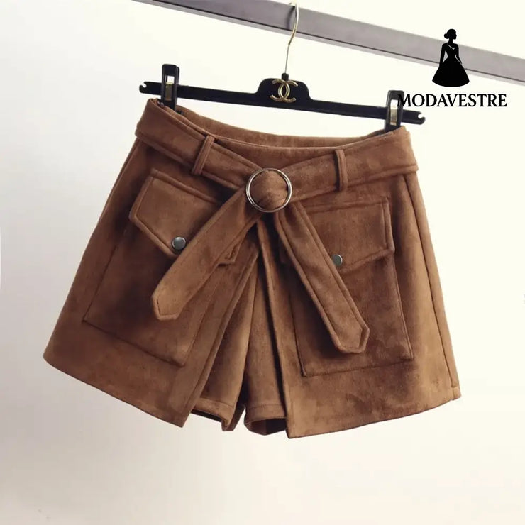 Suede shorts women slim pants Brown / L