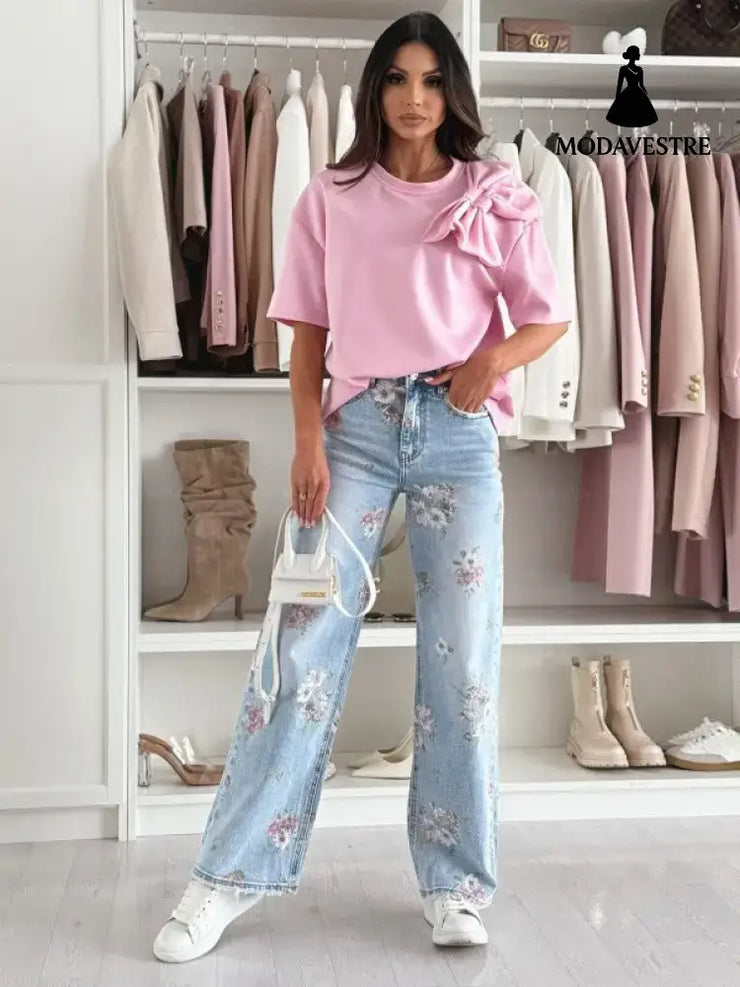 Summer Big Bow Women’s Short Sleeve Pink / 2XL